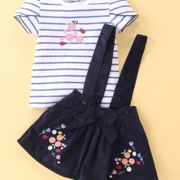 ToffyHouse Half Sleeve Top & Skirt With Suspender Floral Embroidery- White & Navy Blue-picture-37