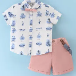 ToffyHouse  100% Cotton Knit Half Sleeves Shirt & Shorts Set with Bow & Suspender Boat Print - Peach-picture-20