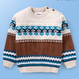 Babyoye 100% Cotton Knitted   Full Sleeves Stripes Pullovers Sweater with Fair Isle Knitting Pattern - White-image-31