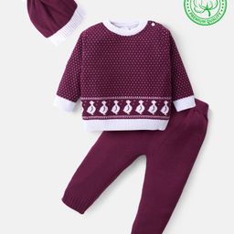 Babyhug Knitted Full Sleeves Pullover Sweater Set With Duck Design - Wine-image-70