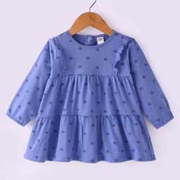 Zero Sinker Knit Full Sleeves Frill Detailed Floral Printed Frock - Blue-image-60