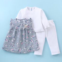 WOW Clothes Looper Knit Full Sleeves Solid T-Shirt & Legging With Floral Printed Frock With Bow Applique - Grey-image-30