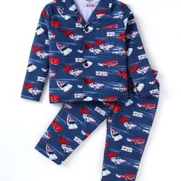 Smarty Boys 100% Cotton Knit Full Sleeves Front Open Car Printed Night Suit - Navy Blue-image-47