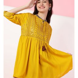 ISHTI Rayon Full Sleeves Sequins & Tassel Embellished Frock Style Top - Yellow-image-28