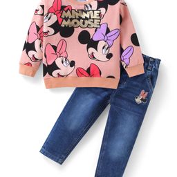 Babyoye Disney Terry Knit Full Sleeves T-Shirt & Jeans With Minnie Mouse Grahpics & Gold Foil Detailing - Pink & Blue-image-81