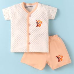 Little Darlings Interlock Knit Half Sleeves Shorts Night Suit with Polka Dots - Peach & White-image-51