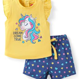 Babyhug Cotton Knit Frill Sleeves Shorts Night Suit with Star & Unicorn Print - Yellow & Navy Blue-image-68
