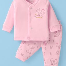 Zero Interlock Knit Full Sleeves Front Open T-Shirt & Lounge Pant Set With Animal & Bird Print - Pink-image-11