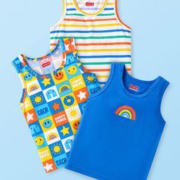 Babyhug 100% Cotton Knit Sleeveless Sando With Stripes & Smiley Print Pack Of 3 - Blue-image-98
