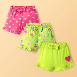 Babyoye 100% Cotton with Eco Jiva Finish Shorts With Hearts & Tropical Print & Bow Applique Pack Of 3 - Dark Pink & Neon Green-picture-38