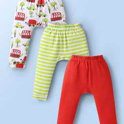 Doodle poodle Cotton Knit Full Length Striped & Vehicle Printed Diaper Leggings Pack of 3 - Red Light Green & White-image-49