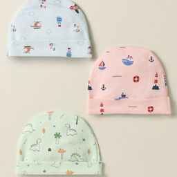 Simply Interlock Knit Baby Caps with Dino Helicopter & Nautical Print Pack of 3 Light Blue Light Green & Pink - Diameter 15.5 cm-picture-2