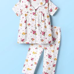 Babyhug Cotton Knit Front Open Half Sleeves Co-ord Night Suit With Floral Print - White-image-63