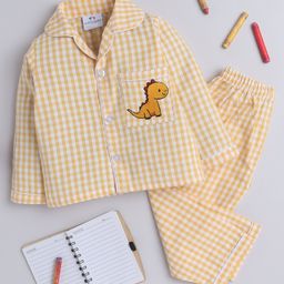 Knitting Doodles Pure Cotton Woven Full Sleeves Dinosaur Patch Detailed Checked Coordinating Night Suit Set - Yellow & White-image-99