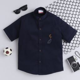 BAATCHEET Cotton Half Sleeves Elephant Embroidered Shirt - Navy Blue-image-96
