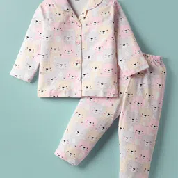 Little Darlings Interlock Knit Full Sleeves Teddy Bear Printed Front Open Co-Ords Night Suit - Pink-picture-47