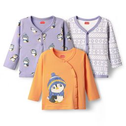 Babyhug 100% Cotton Front Open Full Sleeves Jhablas With Floral & Penguin Print Pack Of 3 - Lilac White & Orange-image-98