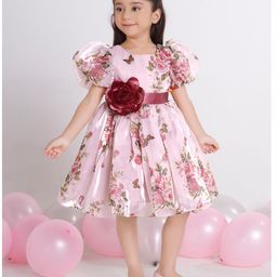 Ministitch Organza Woven Half Puffed Sleeeves Floral Printed Dress - Peach-image-57