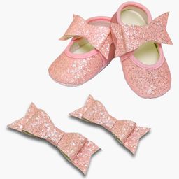 Daizy Bow Applique Detailed Sequins Embellished Slip On Booties With Hair Clips - Peach-image-89