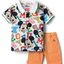 Babyhug Disney Single Jersey Knit Half Sleeves Polo T-Shirt & Woven Shorts Set With Mickey Mouse Graphics - White & Orange-image-33