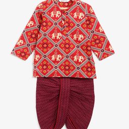 Campana 100% Cotton Woven Full Sleeves Patola Printed Dhoti Kurta Set - Red & Purple-image-22