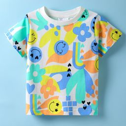 Olio Kids Sinker Knit Half Sleeves T-Shirt With Floral Print - Light Blue-image-18