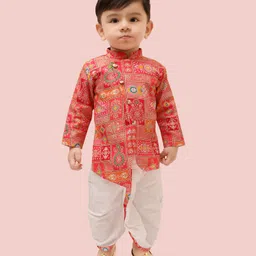 little desi Cotton Silk Woven Full Sleeves Floral Printed Kurta Dhoti Set - Pink-picture-27