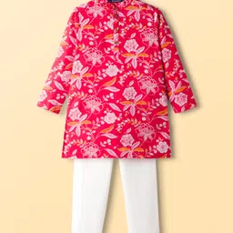 Pine Kids Cotton Woven Full Sleeves Kurta Pajama Set With Floral Print - Red-picture-43
