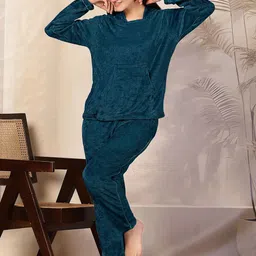 FABINALIV Women Solid Woollen Hooded Night Suit with Front Pocket-image-43