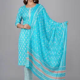 HERE&NOW Women Printed Kantha Work Pure Cotton Kurta with Palazzos & With Dupatta-picture-38