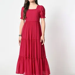 BAESD Women Square Neck Puff Sleeve Georgette Tiered Maxi Dress-image-44