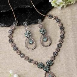 Zeneme Rose Gold Plated AD Studded Necklace and Earrings-12