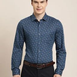 Turtle Blue Cotton Linen Slim Fit Printed Shirt-image-12