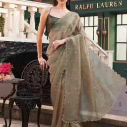 Tikhi Imli Beige Embroidered Saree with Unstitched Blouse-picture-43