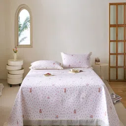 JC HOME White & Pink Floral Printed Double Superking Bed Cover With Pillow Covers-image-53