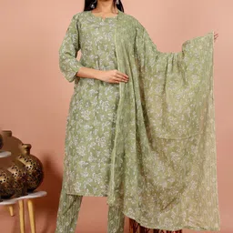 Rudra Bazaar Floral Printed Notch Neck Pure Cotton Straight Kurta With Trousers & Dupatta-19