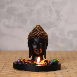 eCraftIndia Decorative Black and Golden Buddha Head with Wooden Base, Fragranced Petals and Tealight-13
