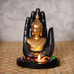 eCraftIndia Golden Silver Handcrafted Palm Buddha with Wooden Base, Fragranced Petals and Tealight-47