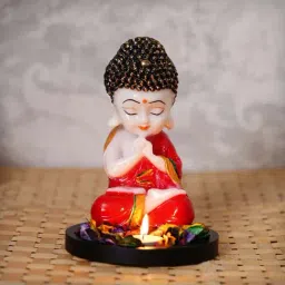 eCraftIndia Praying Red Monk Buddha with Wooden Base, Fragranced Petals and Tealight-image-84