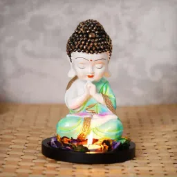 eCraftIndia Praying Green Monk Buddha with Wooden Base, Fragranced Petals and Tealight-image-44