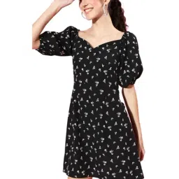 Sera Black Floral Print A-Line Dress-image-100