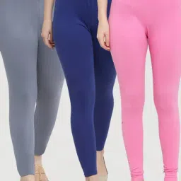 Gracit Grey & Blue Mid Rise Leggings - Pack Of 3-image-80