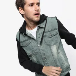 Campus Sutra Grey & Black Regular Fit Colour Block Denim Jacket-12