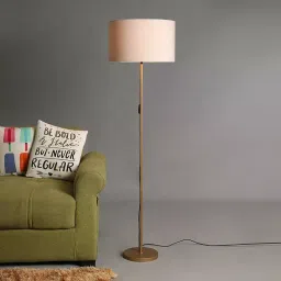 Sanded Edge Gold Color Metal Floor Lamp with Beige Round Shade, image 2