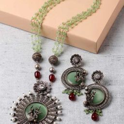 Zeneme Oxidised Silver Plated Stone Studded Beaded Antique Jewellery Set-18