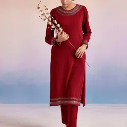 Jaipur Kurti Maroon Embroidered Straight Woolen Kurta-picture-10