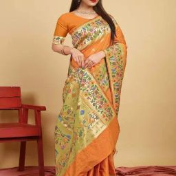 SHUBHKALA Orange Silk Woven Saree With Unstitched Blouse-image-16