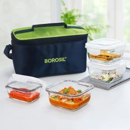 Borosil Alfa Green Glass Lunch Box with Bag Set of 4 (Green, 320 ml)-24