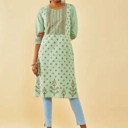 Soch Sap Green Rayon Floral Printed Straight Kurta With Beads-picture-24