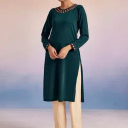 Jaipur Kurti Teal Embroidered Straight Woolen Kurta-picture-13